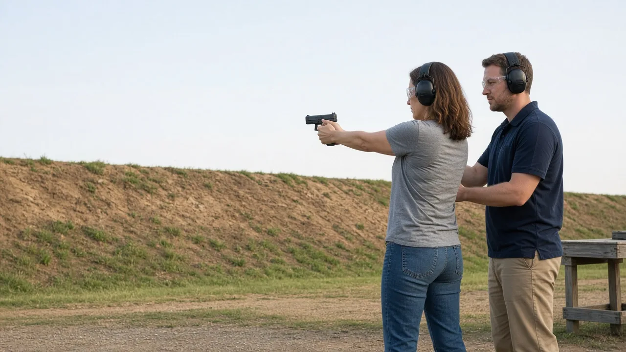 Illustrative outdoor training scene with an adult woman and a supervising instructor wearing eye and ear protection.